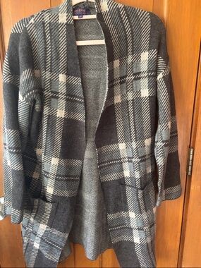 Joseph Gray and Cream Plaid Open-Front Trench Coatigan